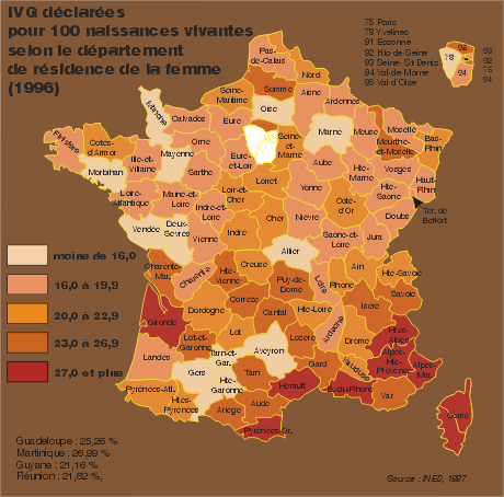 Carte du taux d'interruptions de grossesse par dpartement en 1996